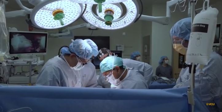 Surgery team performing liver transplant