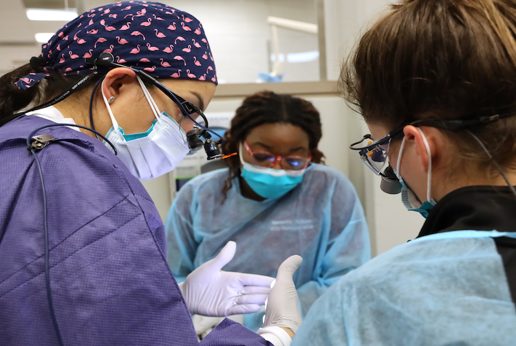 Three dentists speaking to each other with face masks on.