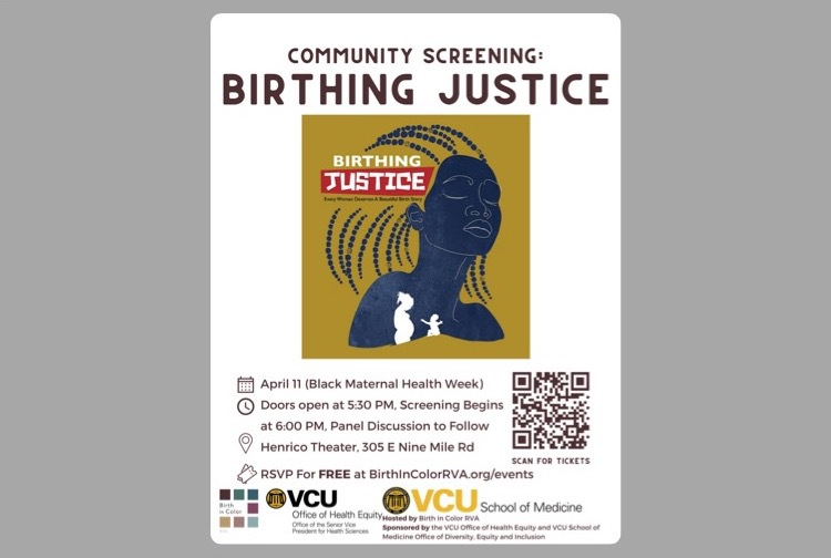 Poster for event, includes event time and an image of the documentary's logo which has a mother and child.