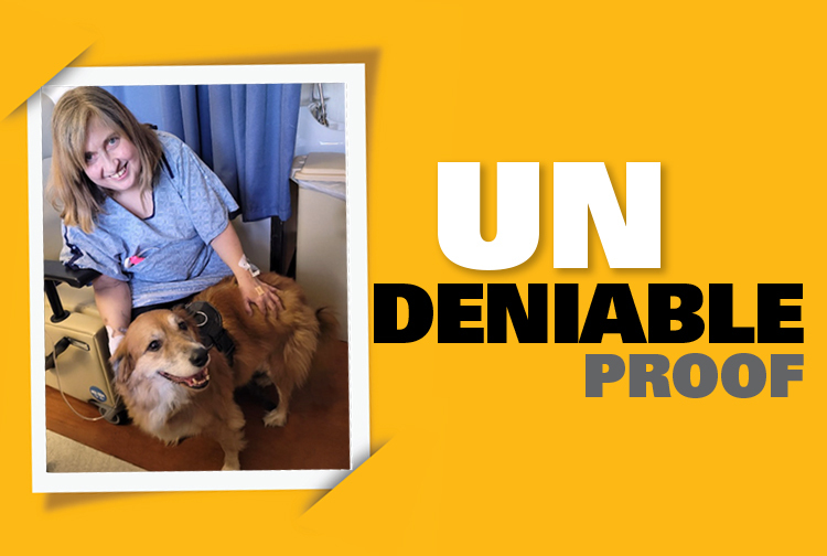 Patient in hospital gown pets a dog. Photo is in a graphic that says Undeniable proof.