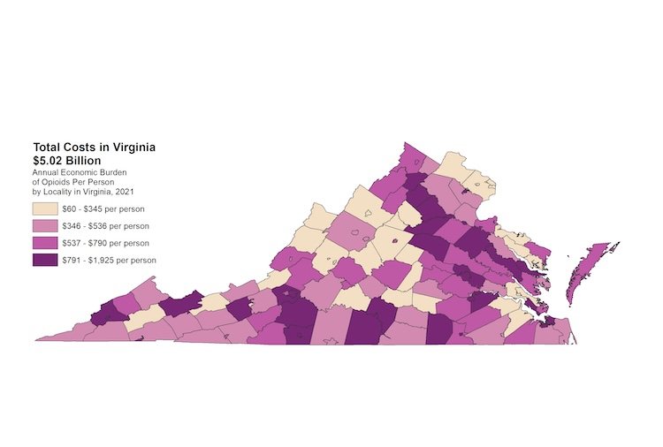 A map of Virginia in different shades of cream, pink and purple. It shows the the annual economic burden of the opioid epidemic in per Virginian by locality.
