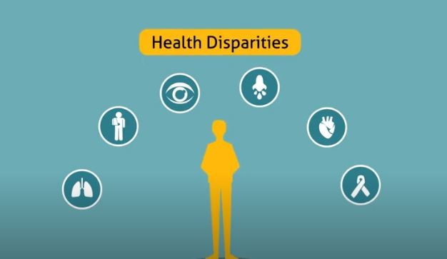 Illustration of man standing under health disparities label