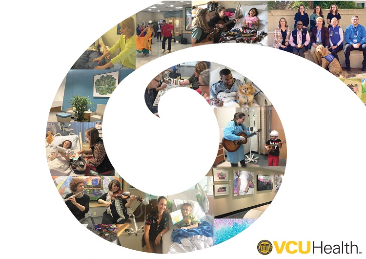 Collage of patient and team member images from the Arts in Healthcare program at VCU Health